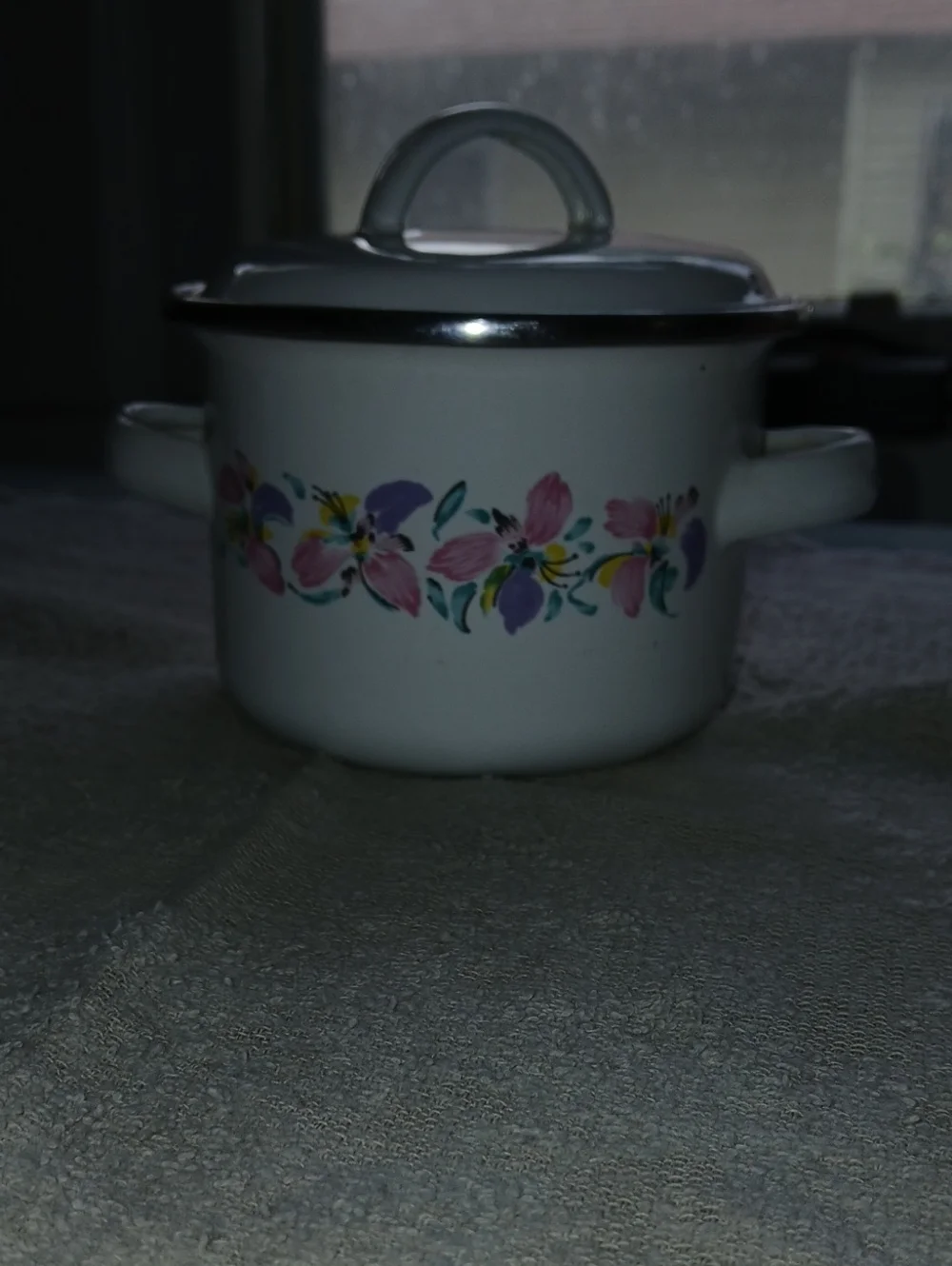 Small White Floral Enamel Covered Casserole